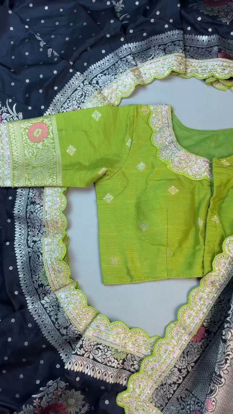 Midnight Bloom Banarasi Silk Saree with Contrast Embroidered Blouse β Available in Midnight Black & Lime Green