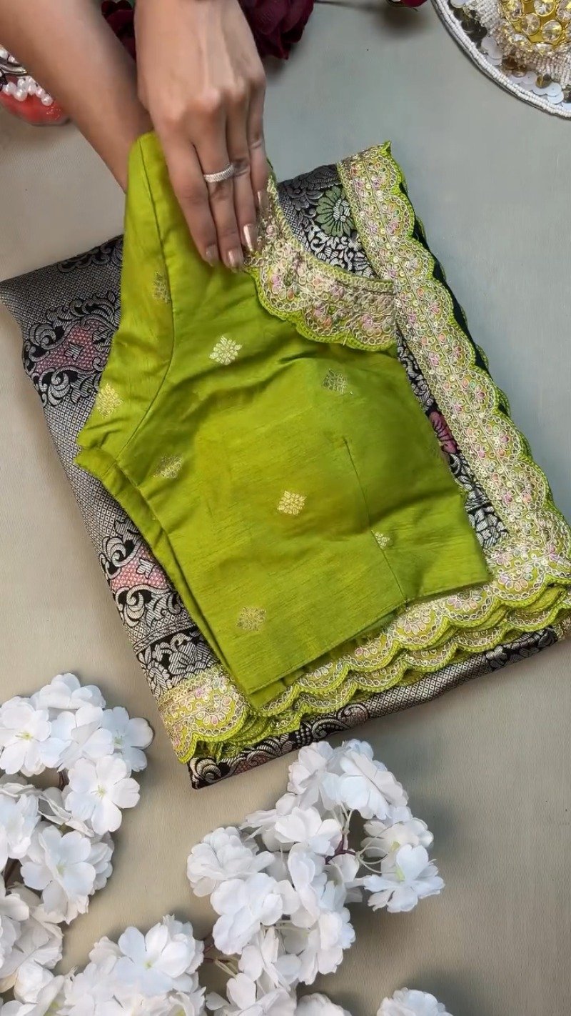 Midnight Bloom Banarasi Silk Saree with Contrast Embroidered Blouse β Available in Midnight Black & Lime Green - Image 2