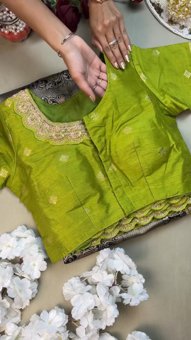 Midnight Bloom Banarasi Silk Saree with Contrast Embroidered Blouse β Available in Midnight Black & Lime Green - Image 3