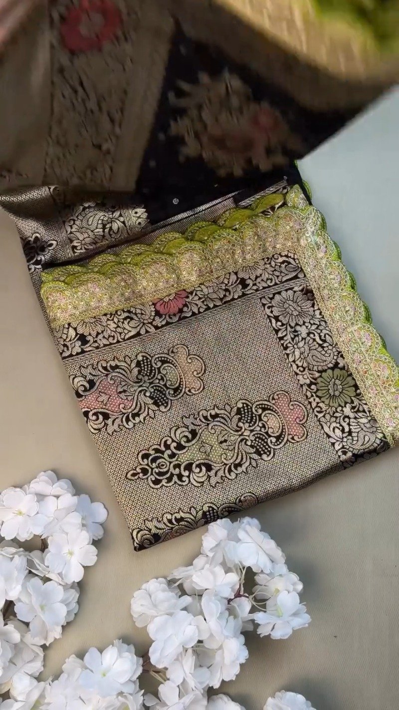 Midnight Bloom Banarasi Silk Saree with Contrast Embroidered Blouse β Available in Midnight Black & Lime Green - Image 4