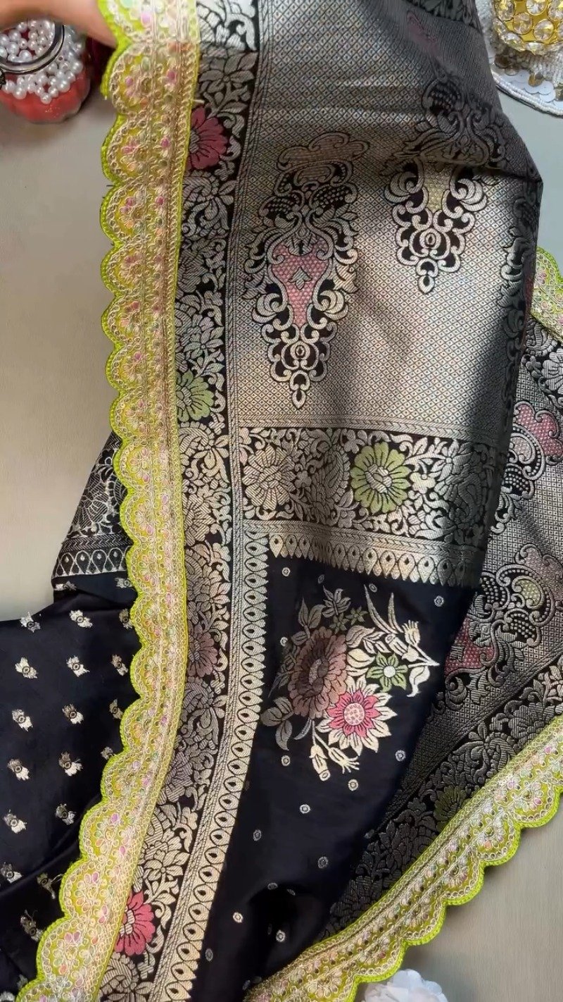 Midnight Bloom Banarasi Silk Saree with Contrast Embroidered Blouse β Available in Midnight Black & Lime Green - Image 5