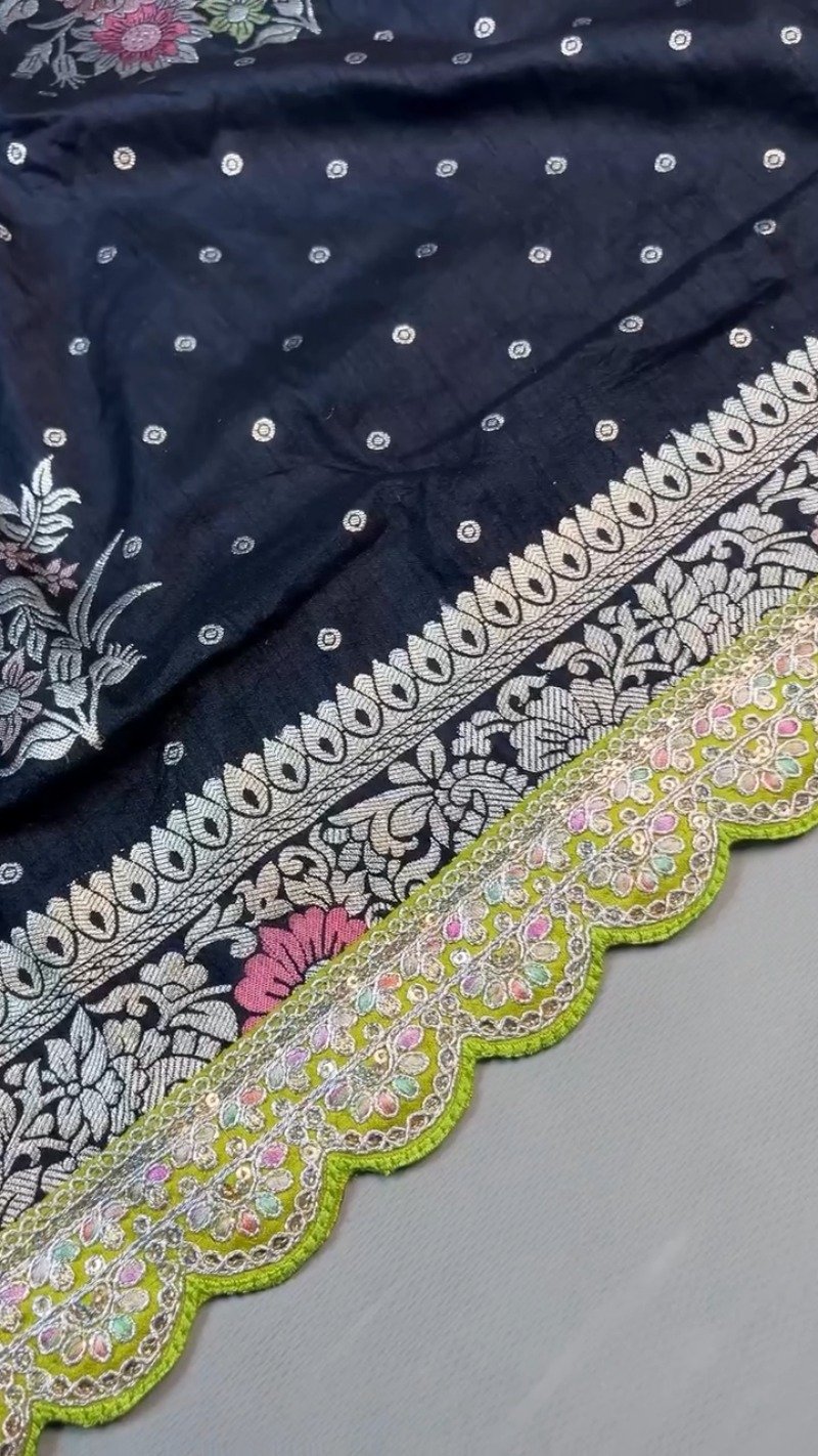Midnight Bloom Banarasi Silk Saree with Contrast Embroidered Blouse β Available in Midnight Black & Lime Green - Image 6