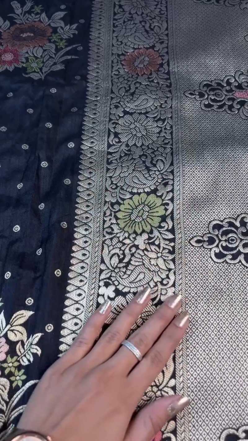 Midnight Bloom Banarasi Silk Saree with Contrast Embroidered Blouse β Available in Midnight Black & Lime Green - Image 8