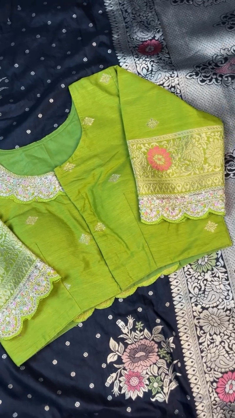 Midnight Bloom Banarasi Silk Saree with Contrast Embroidered Blouse β Available in Midnight Black & Lime Green - Image 9