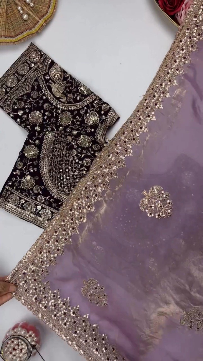 Opulent Sequin-Embroidered Saree with Heavily Embellished Blouse β Available in Sky Blue & Maroon