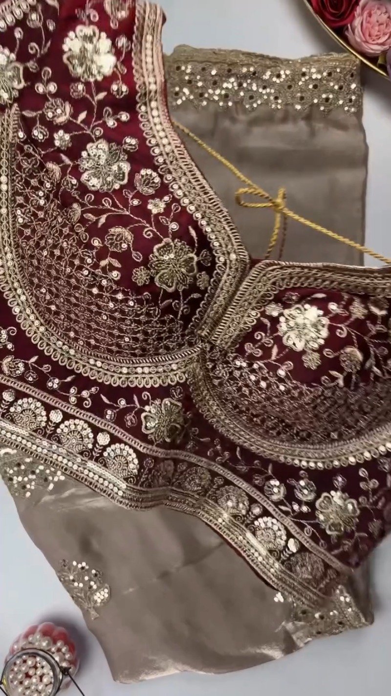 Opulent Sequin-Embroidered Saree with Heavily Embellished Blouse β Available in Sky Blue & Maroon - Image 3