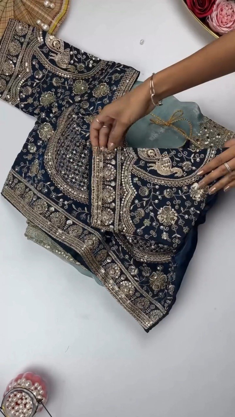Opulent Sequin-Embroidered Saree with Heavily Embellished Blouse β Available in Sky Blue & Maroon - Image 4