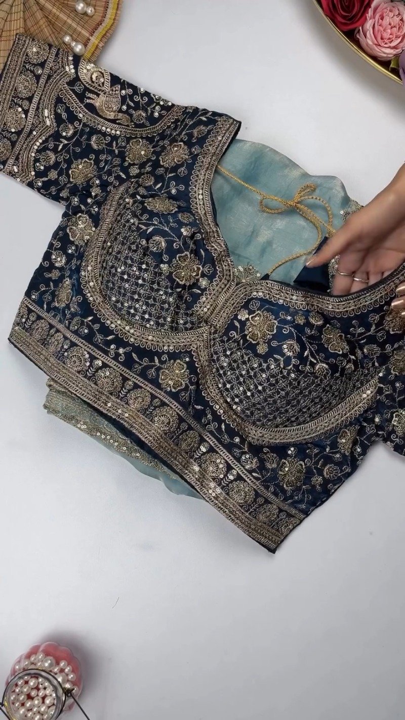 Opulent Sequin-Embroidered Saree with Heavily Embellished Blouse β Available in Sky Blue & Maroon - Image 5
