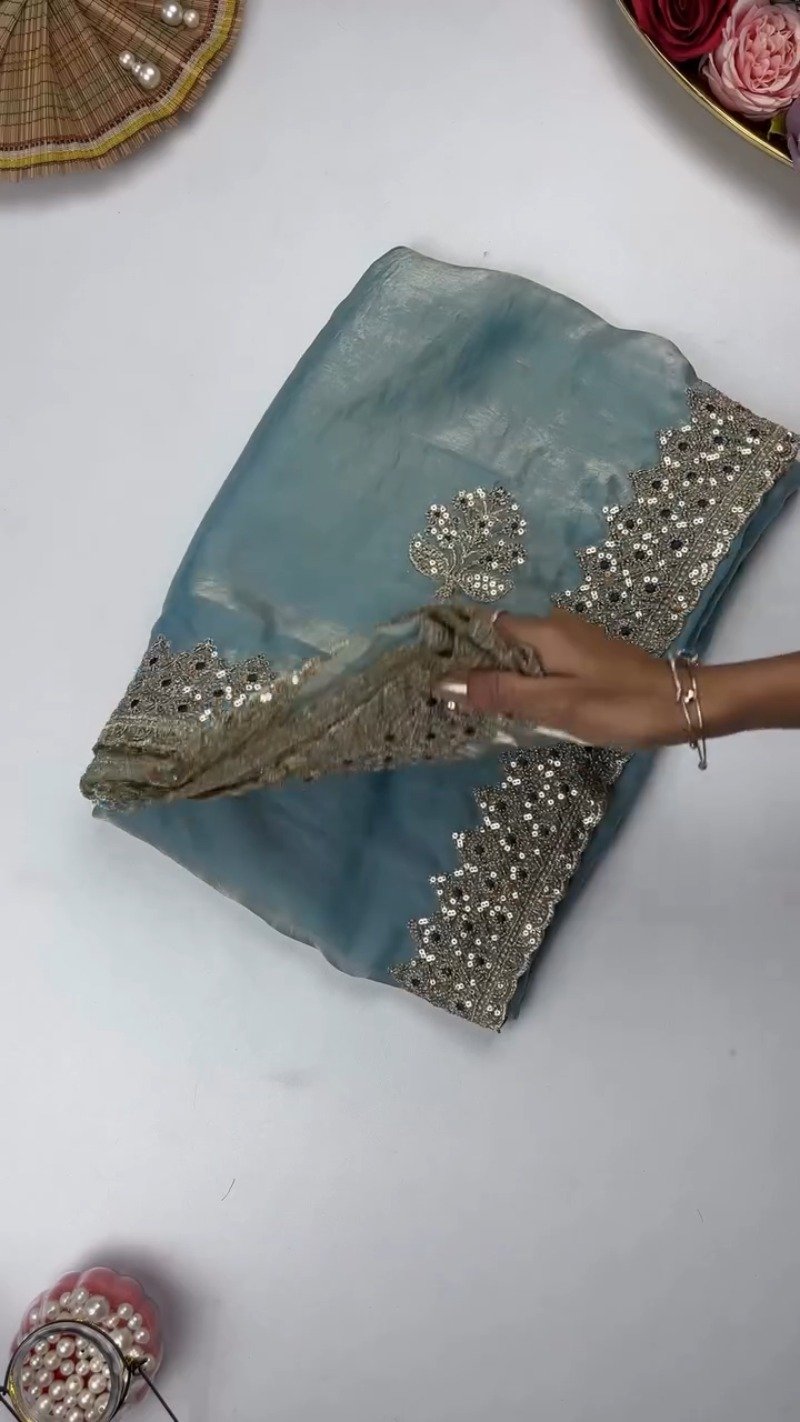 Opulent Sequin-Embroidered Saree with Heavily Embellished Blouse β Available in Sky Blue & Maroon - Image 6