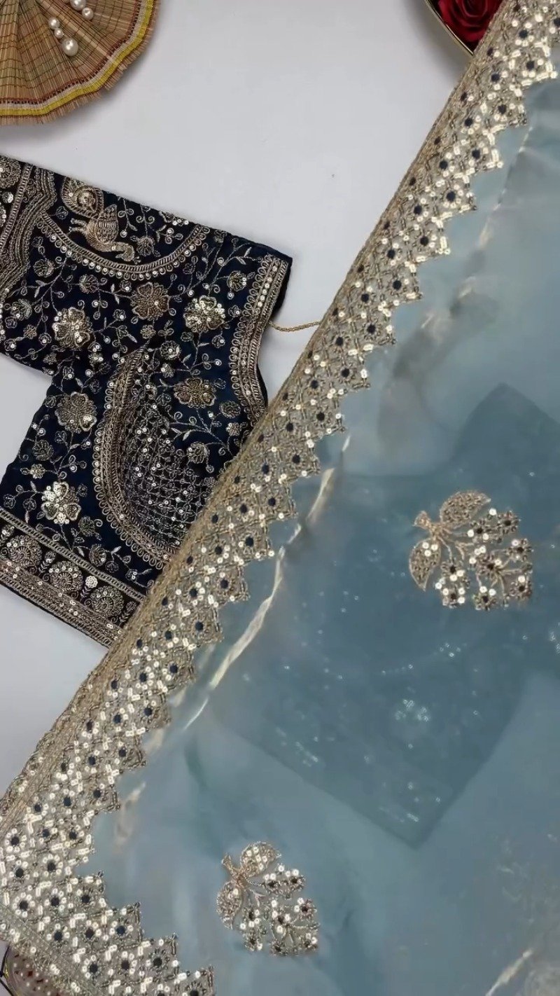 Opulent Sequin-Embroidered Saree with Heavily Embellished Blouse β Available in Sky Blue & Maroon - Image 8