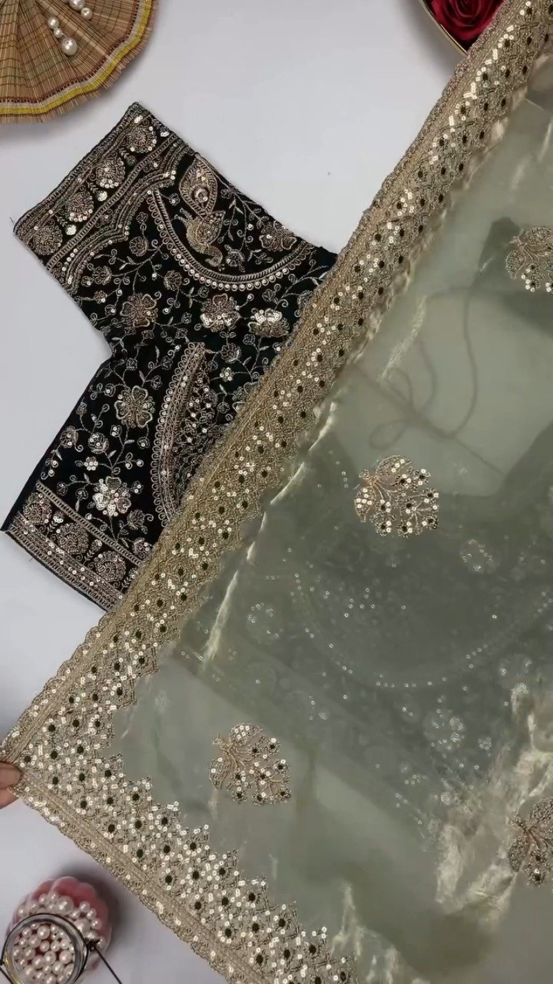 Opulent Sequin-Embroidered Saree with Heavily Embellished Blouse β Available in Sky Blue & Maroon - Image 9