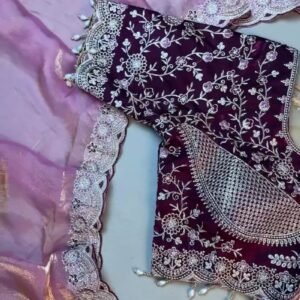 Elegant Deep Plum Velvet & Shimmer Organza Saree Set – A Statement of Regal Sophistication