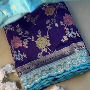 Royal Purple & Sky Blue Scalloped Border Banarasi Silk Saree Set – Available in Royal Purple & Sky Blue