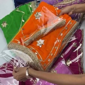 Star-Studded Gota Patti Border Saree – Available in Green, Fuchsia, Navy Blue & Orange
