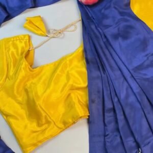 Midnight Blue Silk Saree with Vibrant Yellow Blouse – Handcrafted Mirror & Shell Embellishments