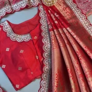 Radiant Crimson Banarasi Silk Saree with Scalloped Sequin Border – Exclusive Ethnic Ensemble