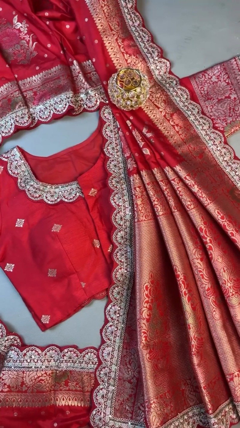 Radiant Crimson Banarasi Silk Saree with Scalloped Sequin Border β Exclusive Ethnic Ensemble