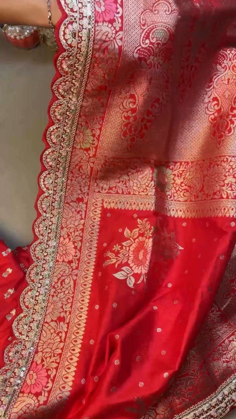 Radiant Crimson Banarasi Silk Saree with Scalloped Sequin Border β Exclusive Ethnic Ensemble - Image 4