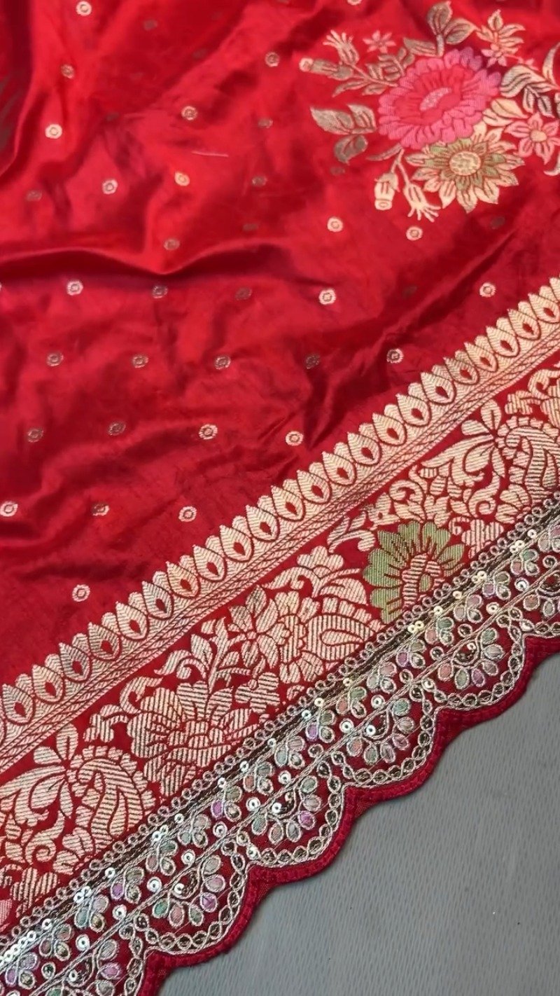 Radiant Crimson Banarasi Silk Saree with Scalloped Sequin Border β Exclusive Ethnic Ensemble - Image 5