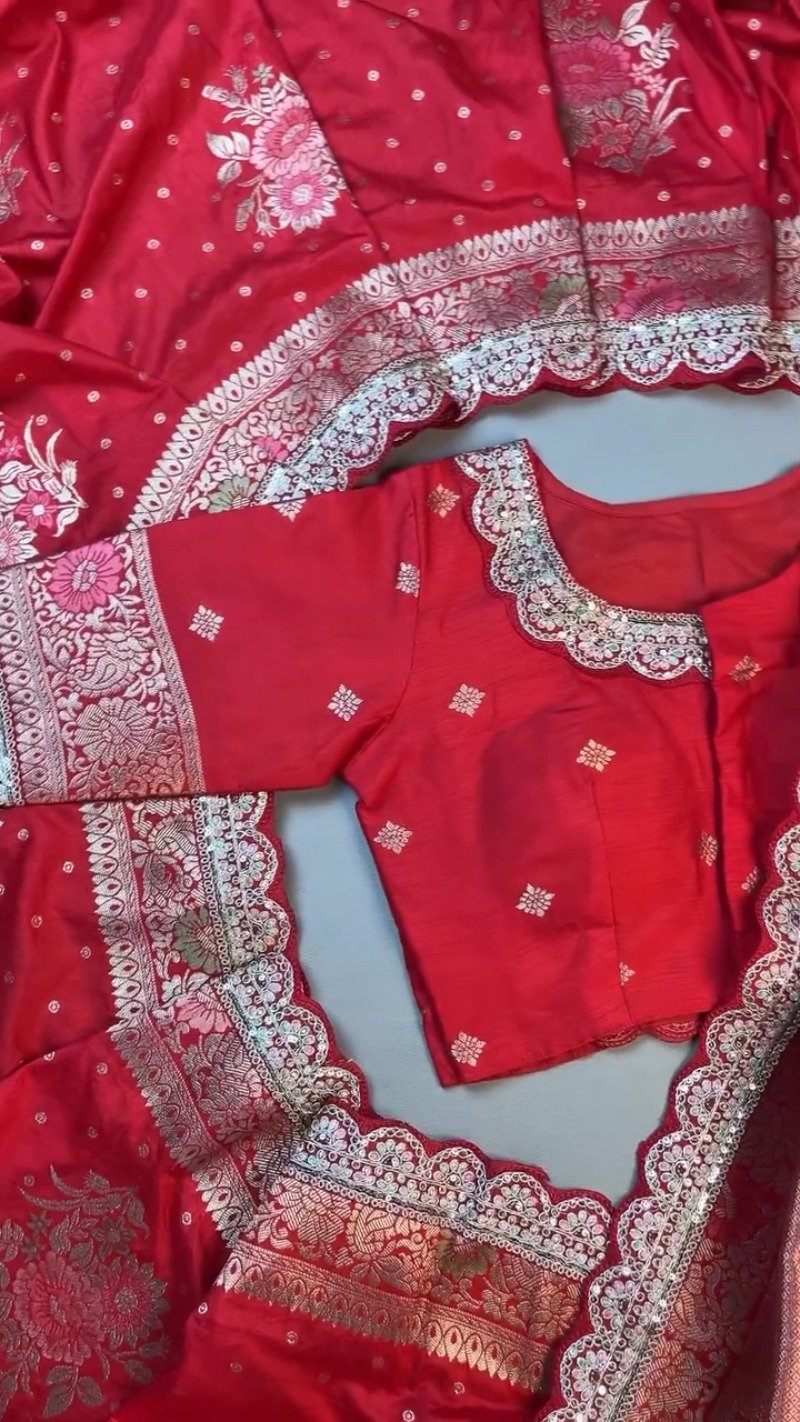 Radiant Crimson Banarasi Silk Saree with Scalloped Sequin Border β Exclusive Ethnic Ensemble - Image 6