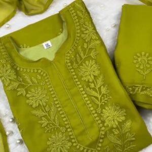 Olive Green Hand-Embroidered Chikankari Kurta Set