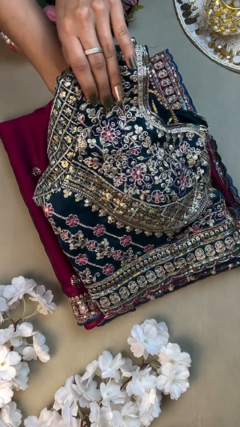 Opulent Velvet & Silk Blend Designer Lehenga Set β Available in Midnight Blue & Royal Wine - Image 2
