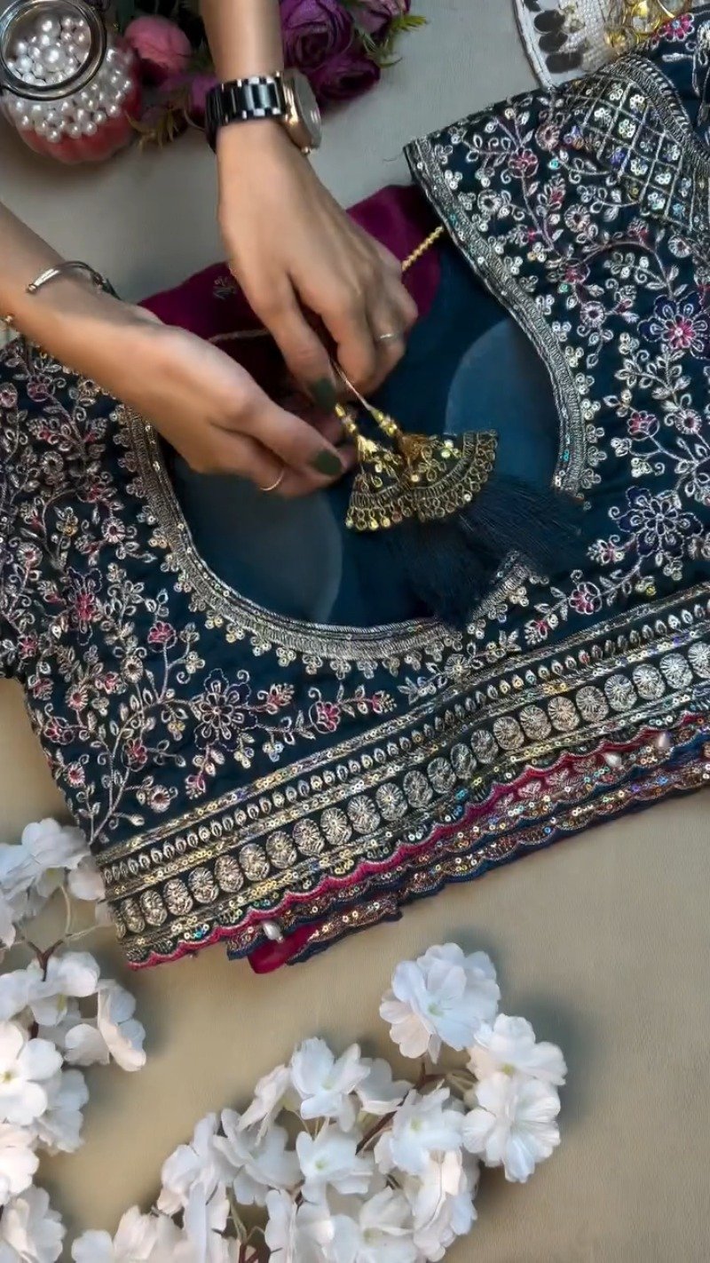 Opulent Velvet & Silk Blend Designer Lehenga Set β Available in Midnight Blue & Royal Wine - Image 4