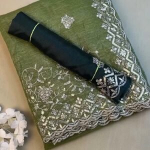 Forest Olive Sequinned Georgette Saree with Scalloped Embroidered Border