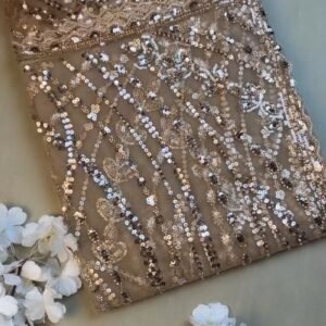 Opulent Champagne Shimmer Sequin-Embellished Net Saree – A Masterpiece of Glitz