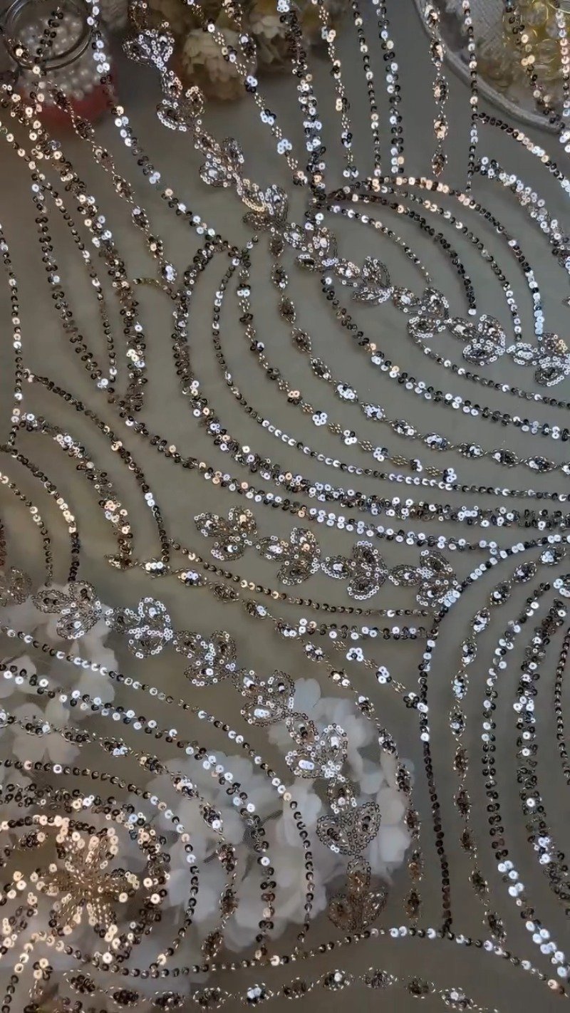 Opulent Champagne Shimmer Sequin-Embellished Net Saree β A Masterpiece of Glitz - Image 3