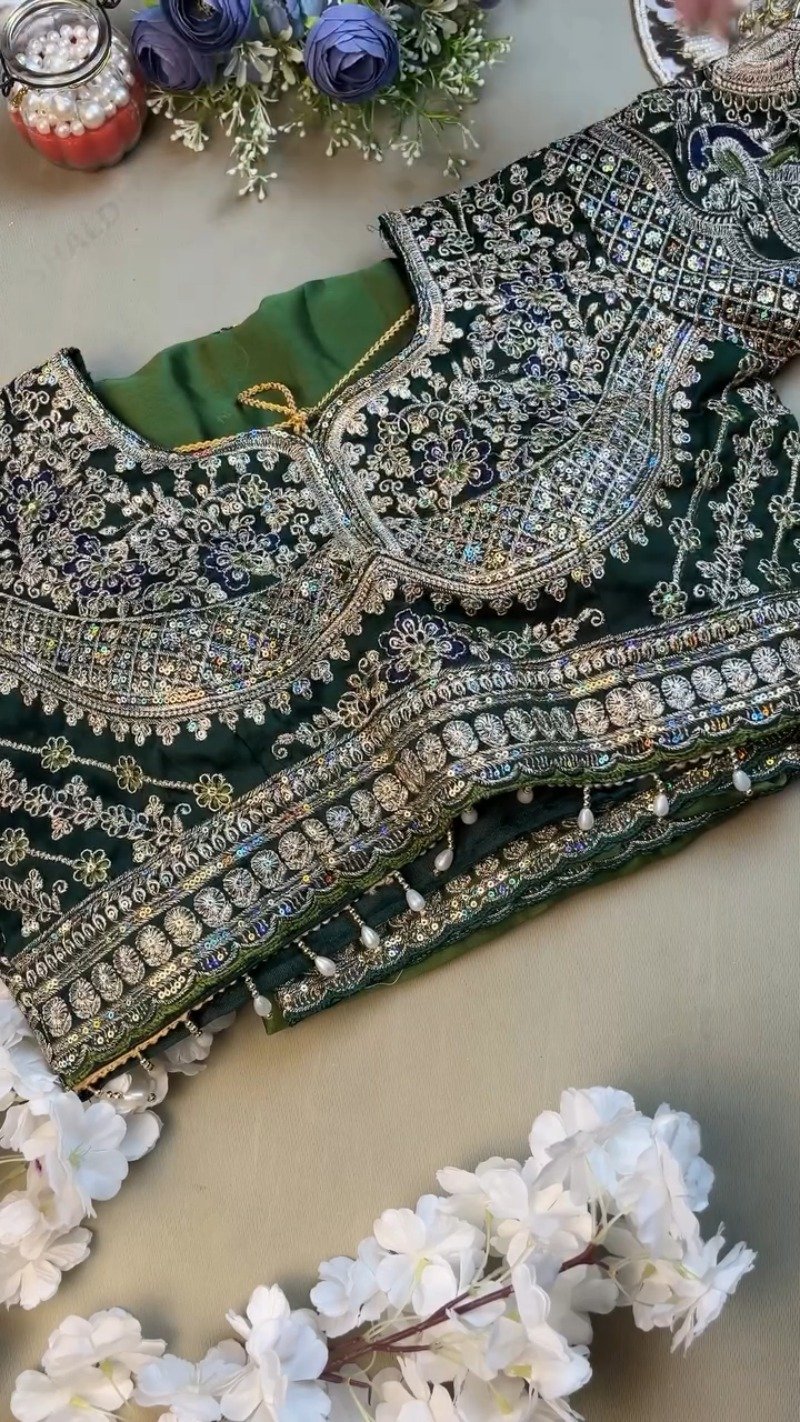 Enchanting Emerald Green Peacock Motif Embroidered Saree Set - Image 2