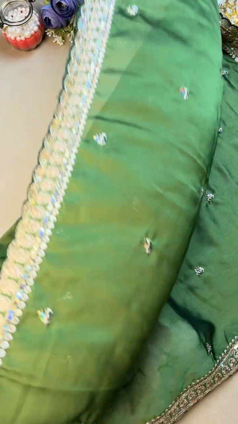 Enchanting Emerald Green Peacock Motif Embroidered Saree Set - Image 4
