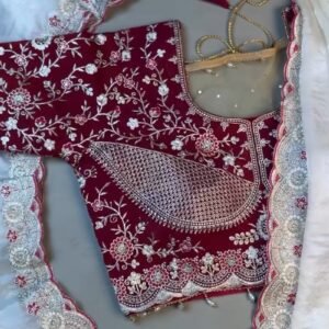 Royal Velvet & Organza Co-ordinated Set with Intricate Zari Embroidery – Available in Crimson Red & Pristine White
