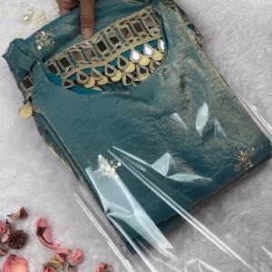 Teal Blue Shimmer Mirror-Work Kurta Set with Designer Hemline