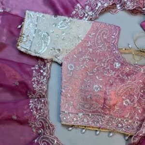 Opulent Paisley Embellished Organza Saree Set – Available in Rose Quartz & Cream