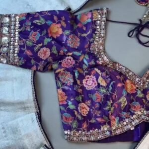 Royal Purple Floral Embroidered Silk Blouse & Off-White Kanjeevaram Saree Set