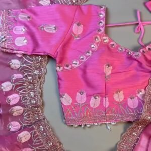 Floral Tulip Embroidered Designer Saree with Embellished Blouse – Available in Radiant Pink & Serene Sky Blue