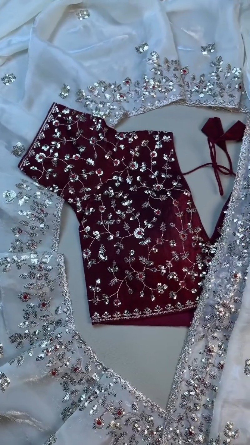 Opulent Velvet & Organza Co-Ord Set with Sequin Embellishments β Available in Ivory & Deep Maroon