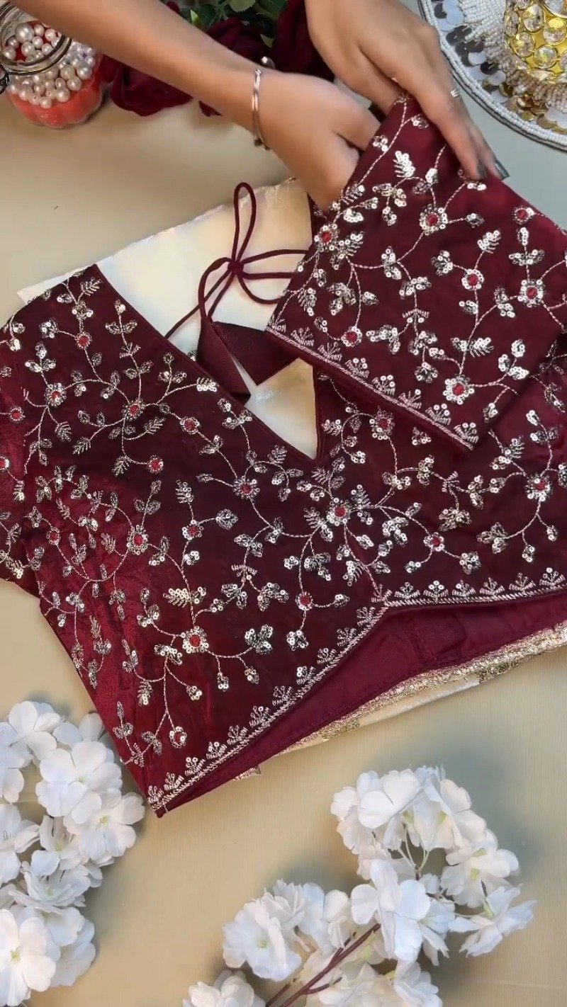 Opulent Velvet & Organza Co-Ord Set with Sequin Embellishments β Available in Ivory & Deep Maroon - Image 3