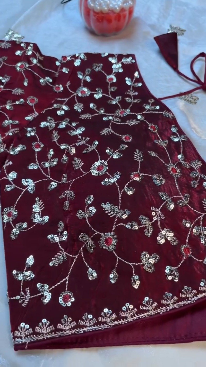 Opulent Velvet & Organza Co-Ord Set with Sequin Embellishments β Available in Ivory & Deep Maroon - Image 7