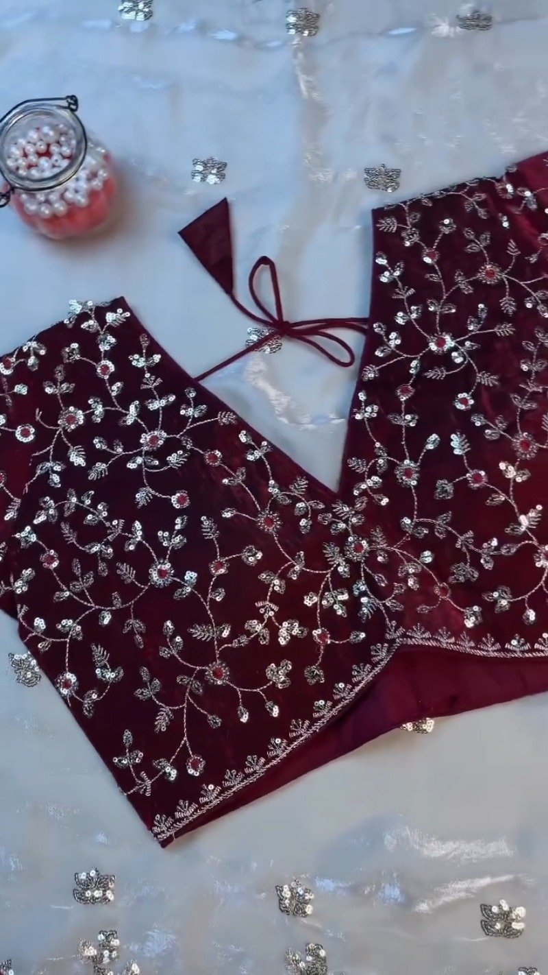 Opulent Velvet & Organza Co-Ord Set with Sequin Embellishments β Available in Ivory & Deep Maroon - Image 9