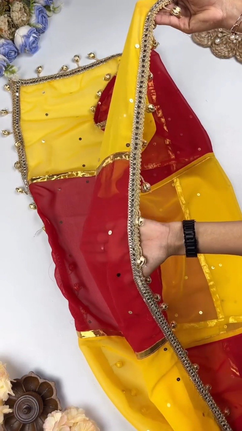 Dual-Tone Mirrorwork Designer Saree & Blouse Set โ Available in Red & Yellow & Fuchsia & Yellow - Image 4