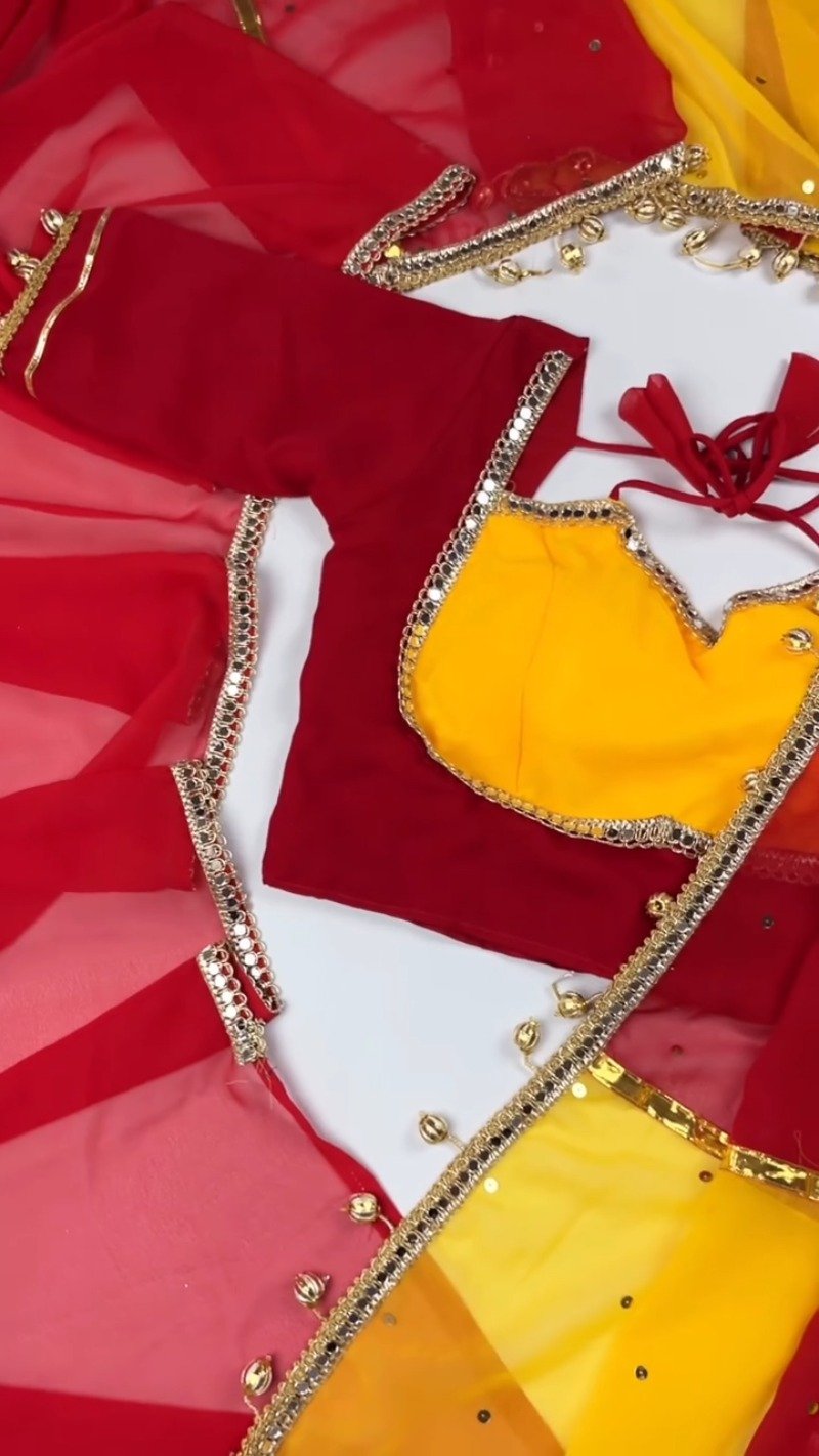 Dual-Tone Mirrorwork Designer Saree & Blouse Set โ Available in Red & Yellow & Fuchsia & Yellow - Image 6