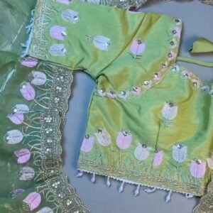 Verdant Blossom Organza Saree & Embroidered Blouse Set – Available in Lime Green & Golden Yellow