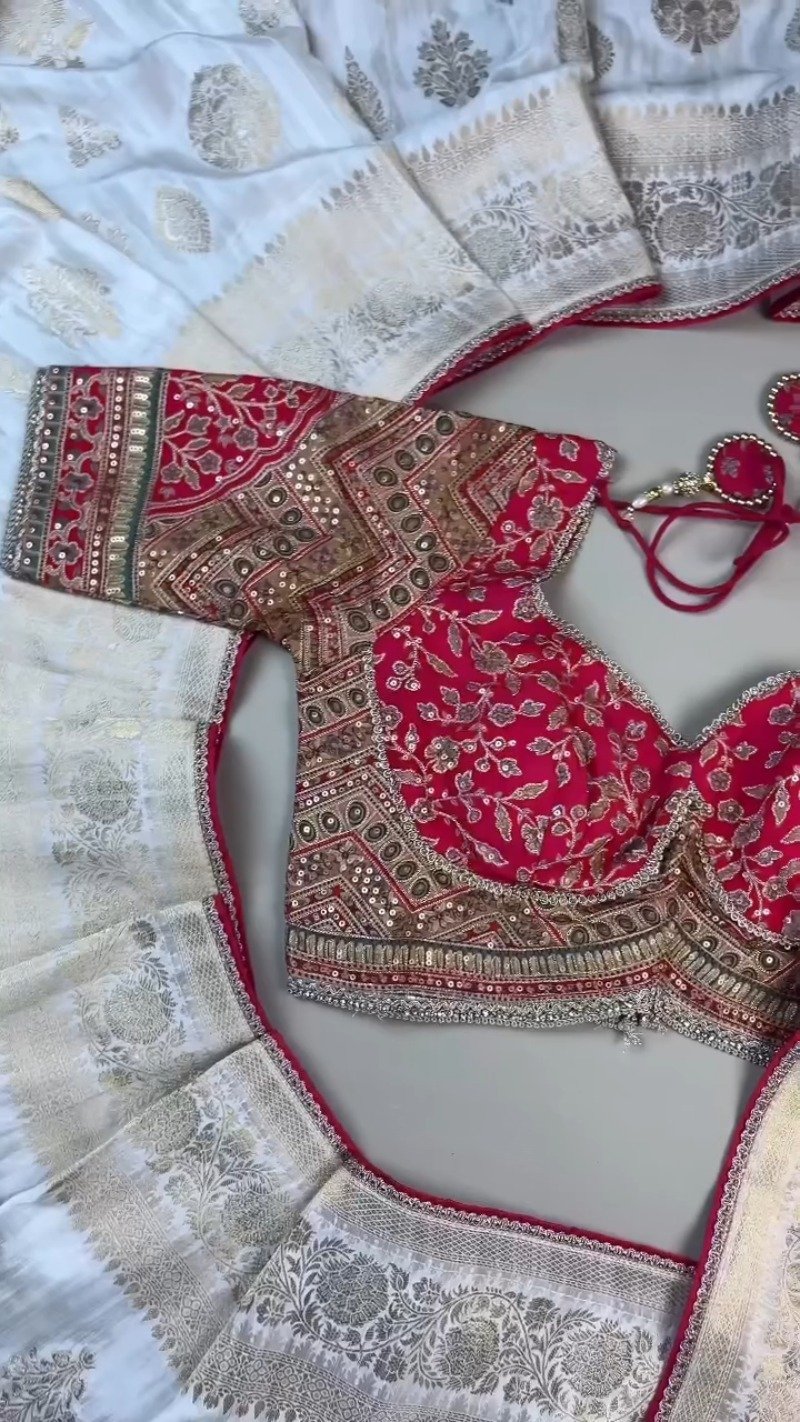 Opulent Ivory & Crimson Handloom Silk Saree Set with Embellished Blouse โ Available in Ivory & Crimson