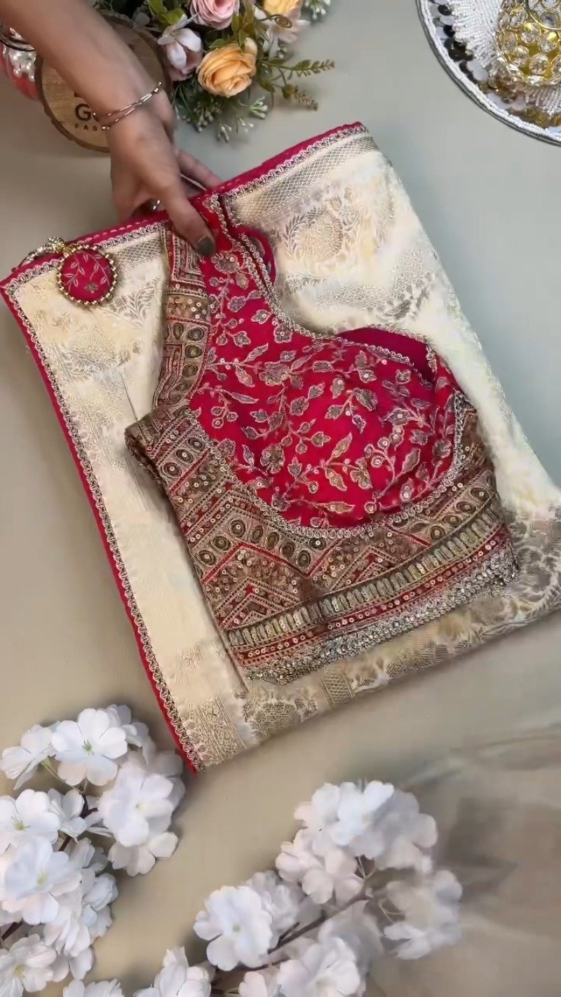 Opulent Ivory & Crimson Handloom Silk Saree Set with Embellished Blouse โ Available in Ivory & Crimson - Image 2