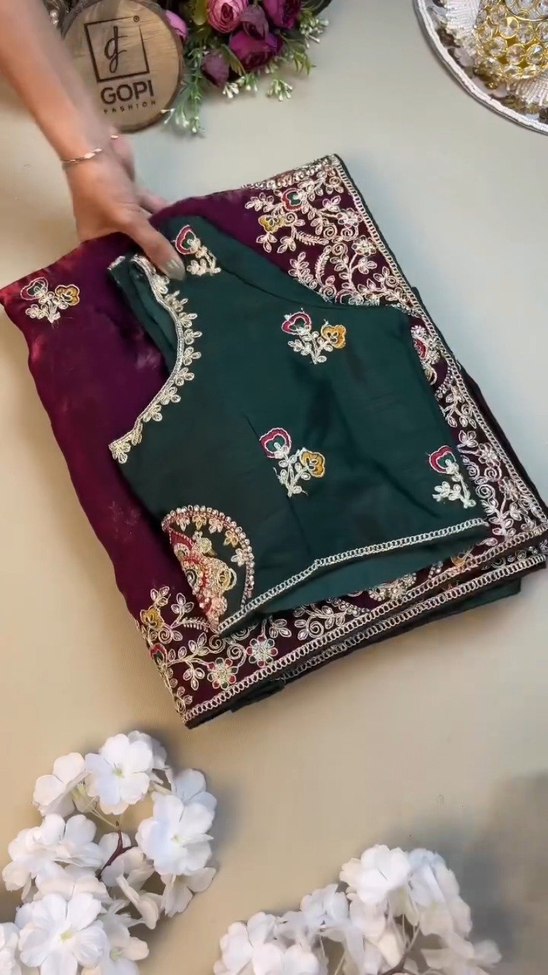 Regal Maroon & Bottle Green Embroidered Saree Set โ Available in Maroon & Bottle Green