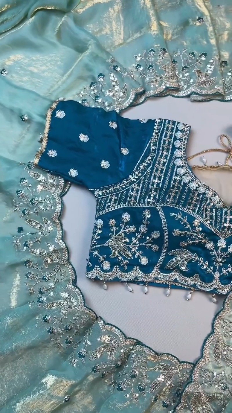 Midnight Teal & Aqua Azure Designer Blouse and Saree Set β Available in Midnight Teal & Aqua Azure