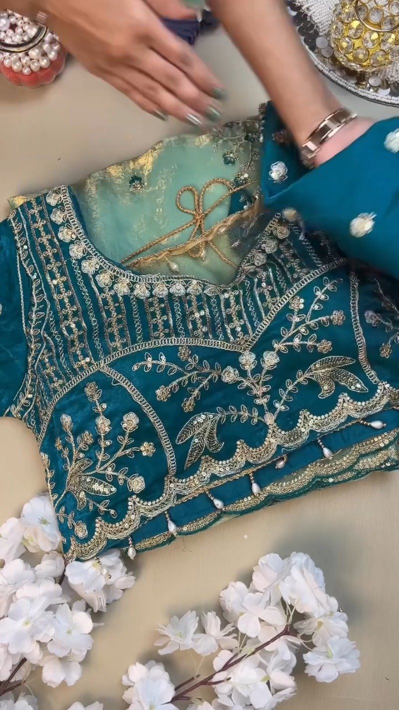 Midnight Teal & Aqua Azure Designer Blouse and Saree Set β Available in Midnight Teal & Aqua Azure - Image 2