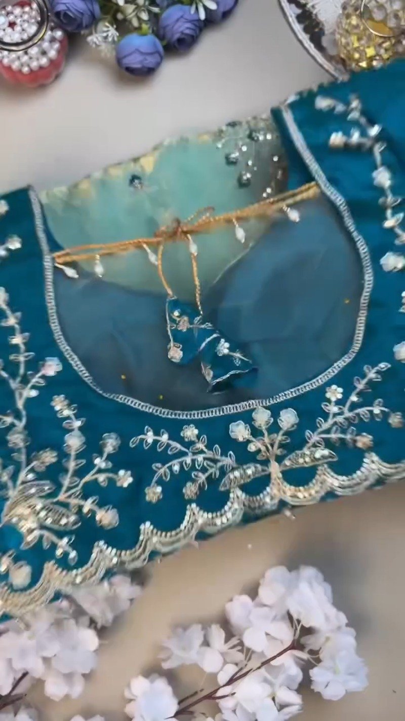 Midnight Teal & Aqua Azure Designer Blouse and Saree Set β Available in Midnight Teal & Aqua Azure - Image 3